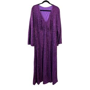 Shein Curve Purple Sequin Maxi Dress Womens 3XL V-Neck Long Sleeve Formal Gown